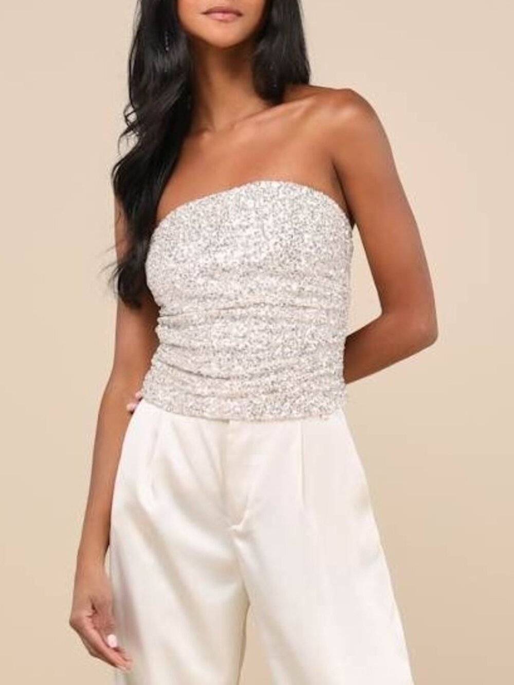 Lulus Champagne Sequin Strapless Ruched Top Size S NWT